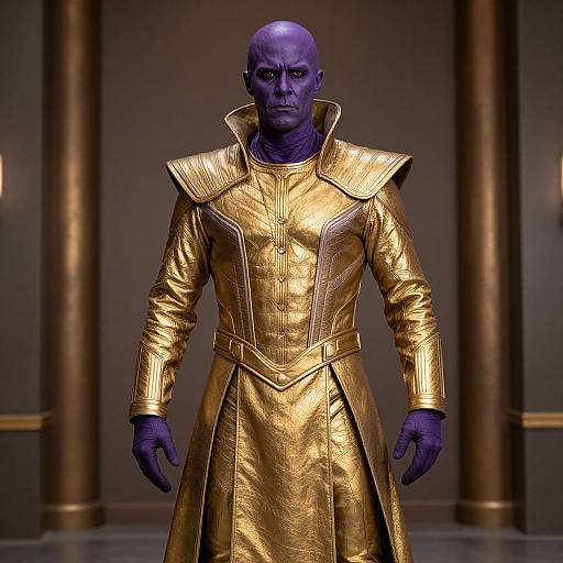 Digital rendering of a bald, purple-skinned man in a golden, high-collared coat with intricate details, standing in a dimly lit,