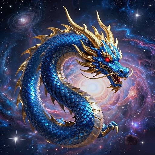 Digital artwork of a vibrant blue, serpent-like dragon with golden horns and red eyes, coiling through a cosmic, star-filled galaxy.
