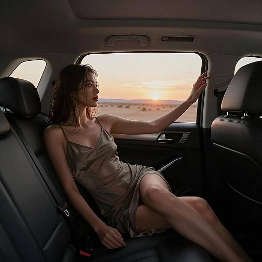 Woman Reclining in Car Backseat at Sunset