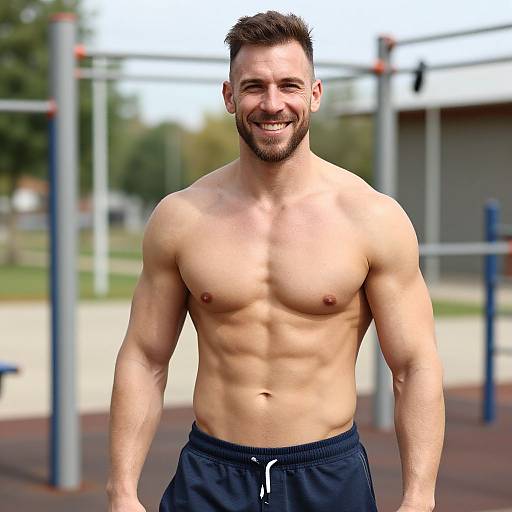 Joyful Muscular Man at Outdoor Gym