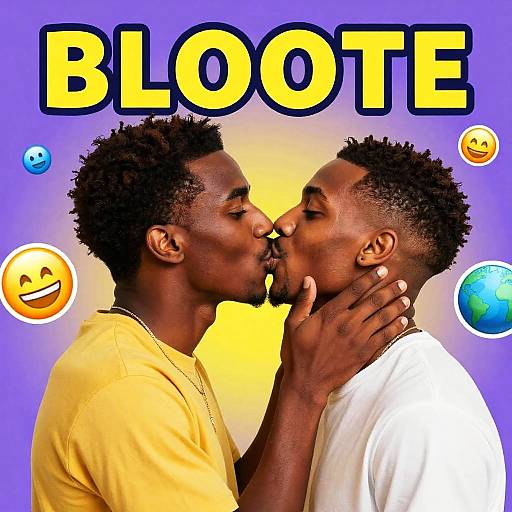 Photograph of two Black men kissing, one in yellow shirt, other in white, against yellow gradient background with 