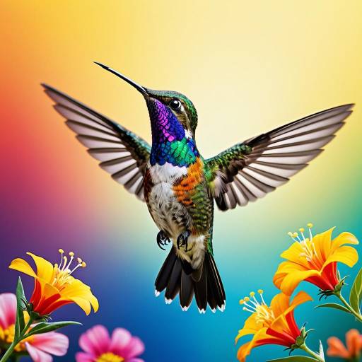 Colorful Hummingbird Hovering Near Flowers