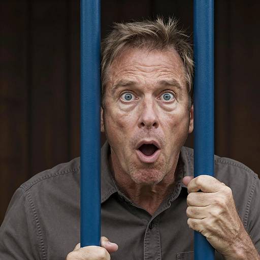 Surprised Man Behind Blue Metal Bar