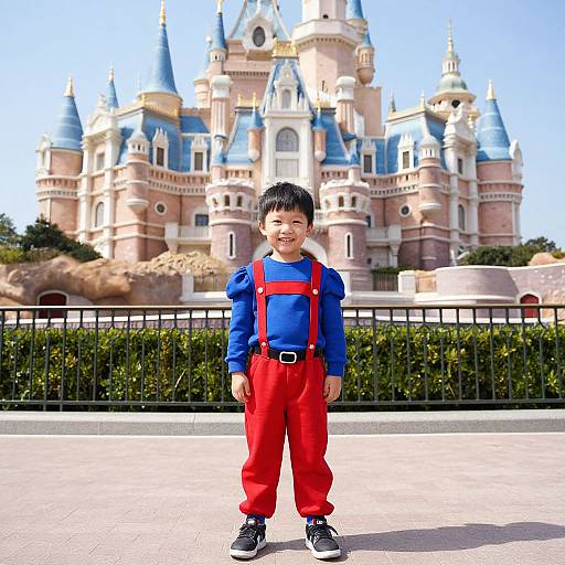 Photograph of a smiling Asian boy in red overalls and blue shirt, standing in front of a colorful castle at a theme park.