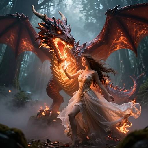 Digital art: A fiery red dragon with glowing eyes and outstretched wings stands behind a fierce, long-haired woman in a flowing white dress, holding