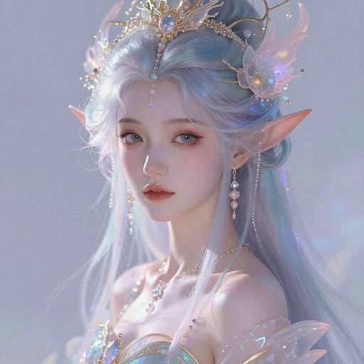 Digital fantasy portrait of a fair-skinned, blue-haired elf woman with pointed ears, wearing a glowing gold crown, delicate jewelry, and ethereal light