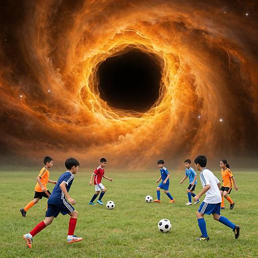Photograph of seven male soccer players in colorful uniforms on a grass field, with a large, fiery whirlpool vortex in the dark, starry sky