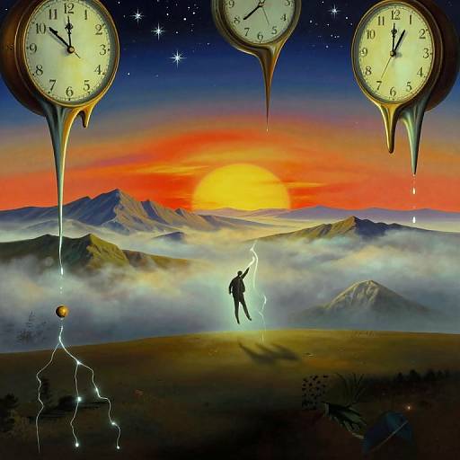 Digital artwork of a sunset over mountains with three floating clocks, a silhouetted figure striking lightning, and a starry sky.