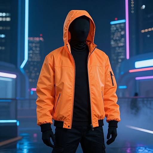 Photograph of a faceless person in a bright orange hooded jacket, black mask, and gloves, standing in a neon-lit, futuristic city