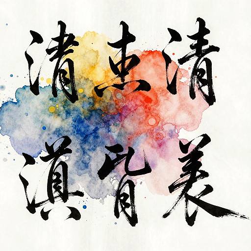 Watercolor abstract with bold black Japanese calligraphy over a vibrant mix of blue, yellow, red, and orange splashes on white background.