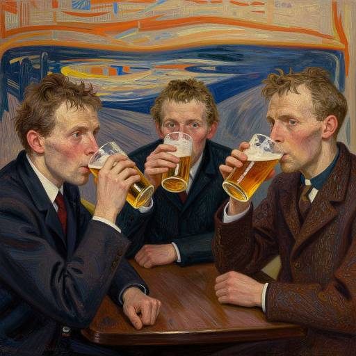 Three men in dark suits drinking beer at a wooden table, against a colorful, abstract background with blue and orange strokes. Digital art.