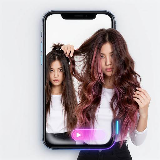 Digital artwork of an Asian woman with long, wavy, pink-tinted brown hair, wearing a white top, reflected in a smartphone screen.