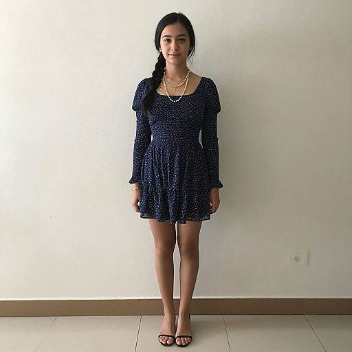 Photograph of an Asian woman with long black hair in a navy polka dot dress, pearl necklace, and black sandals, standing against a plain white