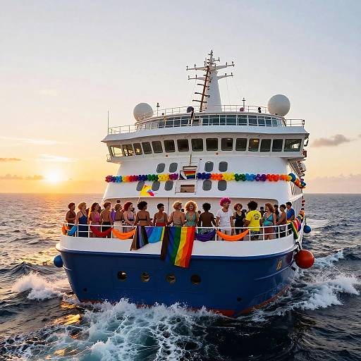 Photograph of a colorful boat with rainbow flags, diverse passengers on deck, sailing on ocean at sunset, waves crashing.