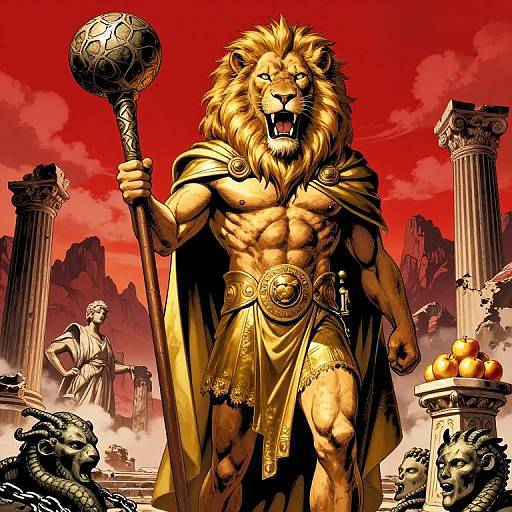 Digital art: Muscular lion-man warrior with golden armor and cape, holding a ornate hammer, stands victorious in a red sky, ancient ruins,