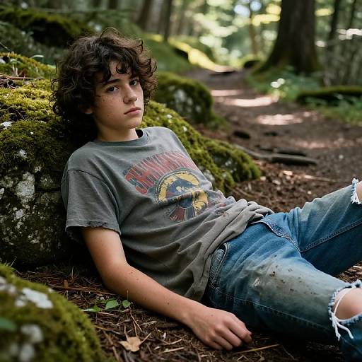 Photograph of a teenage boy with curly brown hair, wearing a gray graphic t-shirt and ripped jeans, leaning against moss-covered logs in a sunlit