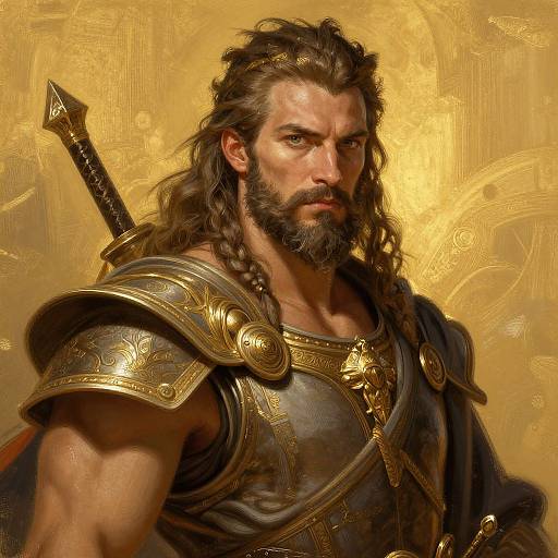 Digital painting of a muscular, bearded warrior with long brown hair, wearing ornate golden armor and holding a sword, against a gold-embossed