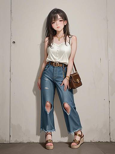 Casual Woman in Distressed Jeans and Halter Top