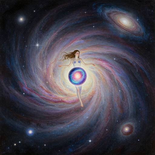 Digital art of a woman with long brown hair, floating in a swirling cosmic galaxy, surrounded by colorful nebulae and stars, holding a glowing,