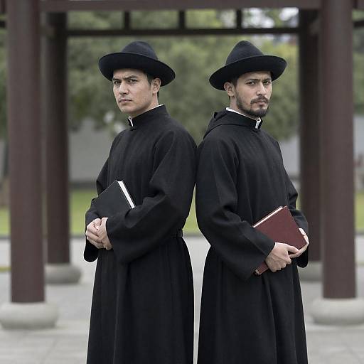 Two Male Monks Standing Back-to-Back Holding Books