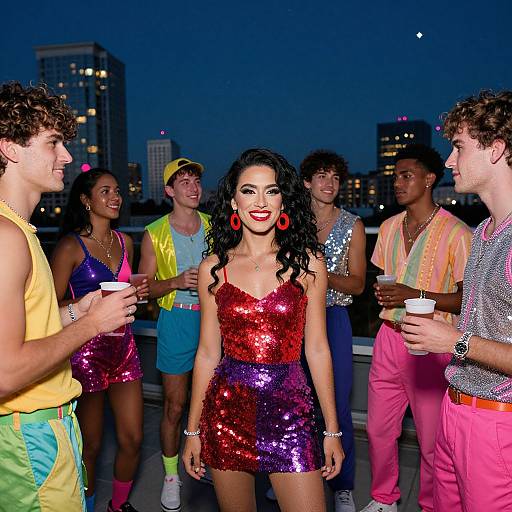 Photograph of a night rooftop party with a confident woman in a red sequin mini-dress, large red earrings, and curly black hair, surrounded