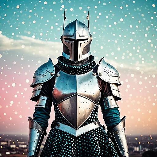 Knight in Radiant Armor with Futuristic Velvet Gown