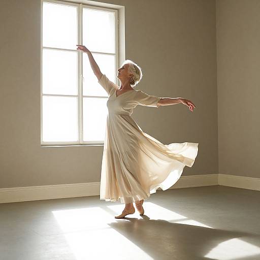 Photograph of a blonde woman in a flowing white dress, dancing in a sunlit room, arms raised, casting shadows on the floor.