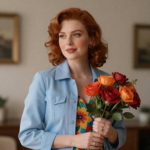 Vintage Redhead with Floral Bouquet