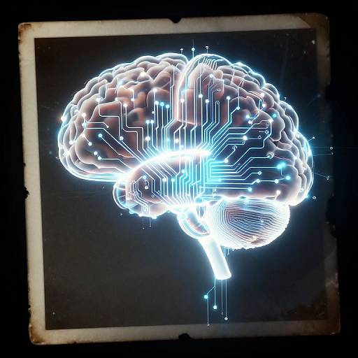 Digital artwork of a glowing, neon-lit brain with circuit lines and sparks, set against a black background. The brain appears semi-transparent, highlighting intricate