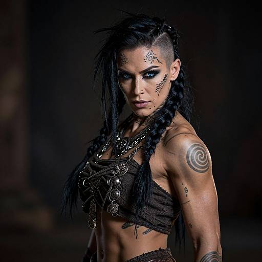 Photograph of a muscular, tattooed woman with black braided hair, dark eye makeup, and tribal tattoos, wearing a black, fringe top with