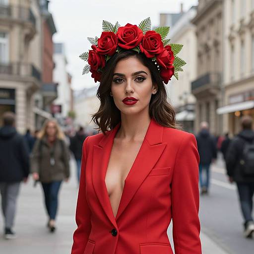 Photograph of a confident woman with dark hair, red rose crown, and deep V-neck red blazer, standing in a bustling urban street. Bl