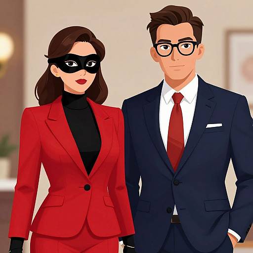 Digital illustration of a confident woman in a red suit and black mask, standing beside a man in a navy suit and red tie, both smiling in a