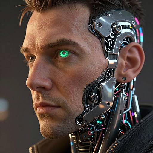 Close-up photograph of a man with cybernetic enhancements on the left side of his head and neck, glowing green eye, dark background.