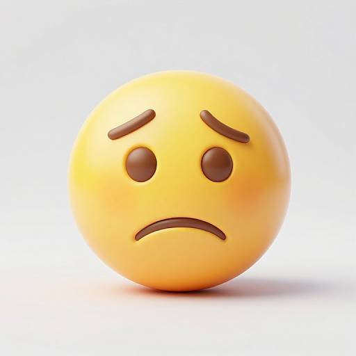 Digital 3D render of a yellow, sad-faced emoji with dark brown eyebrows and a frowning mouth, centered on a white background.