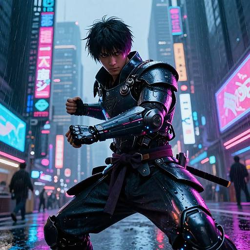 Cyberpunk warrior in shiny black armor kneels in rain-soaked city street, neon signs glowing in background, intense expression, dynamic pose.