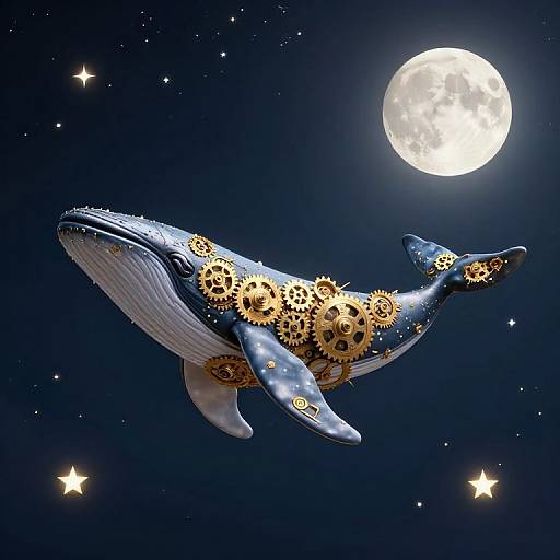 Digital artwork of a blue whale adorned with gold gears, floating in a night sky with a full moon and stars.