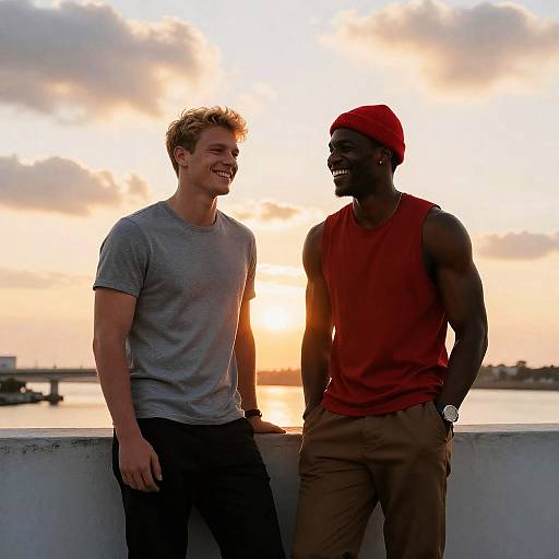 Sunset Moment: Two Friends Laughing