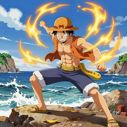 Anime-style digital drawing of Monkey D. Luffy from 