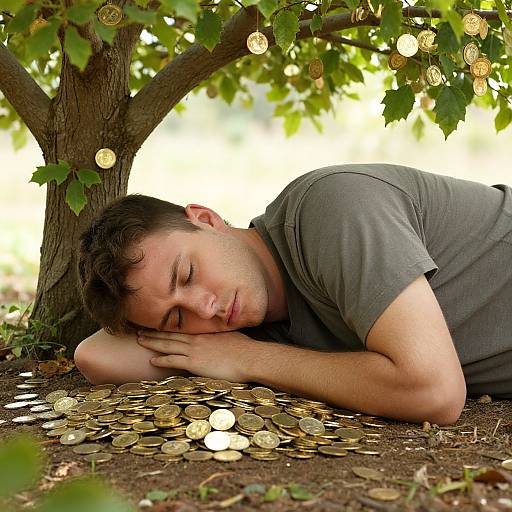 Photograph of a young man with short brown hair, wearing a gray t-shirt, sleeping under a coin-covered tree with golden coins.