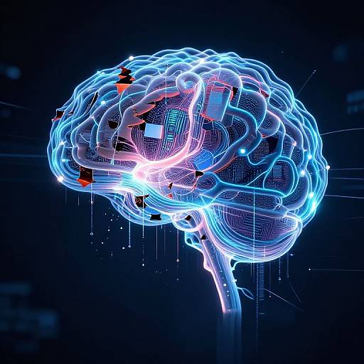 Digital illustration of a glowing, neon-blue brain against a dark background, featuring vibrant, interconnected lines and glowing nodes.