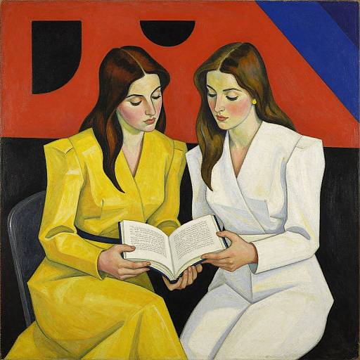 Painting of two women in yellow and white suits, sitting, reading a book, with a bold red and blue background.