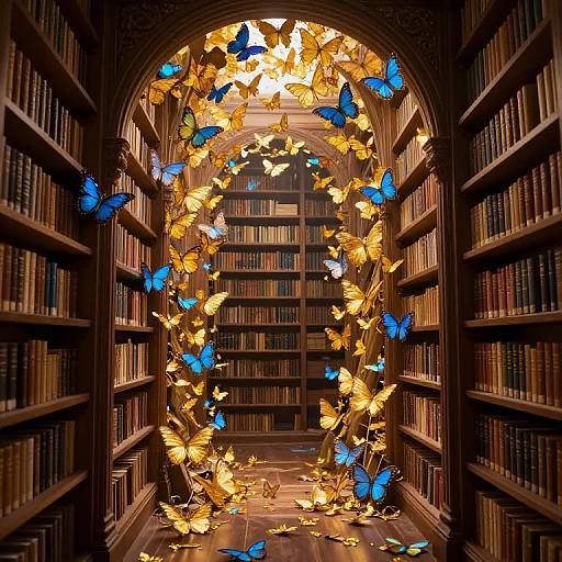 Photograph of a library aisle with arched bookshelves, illuminated by golden and blue butterfly-shaped lights, creating a magical, ethereal atmosphere.