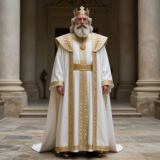 Photograph of an elderly, white-bearded king in a white, gold-embroidered robe and crown, standing in a grand, columned