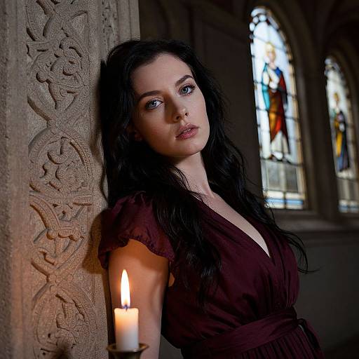 Photograph of a pale-skinned woman with long black hair, blue eyes, wearing a deep V-neck brown dress, leaning against an ornate stone