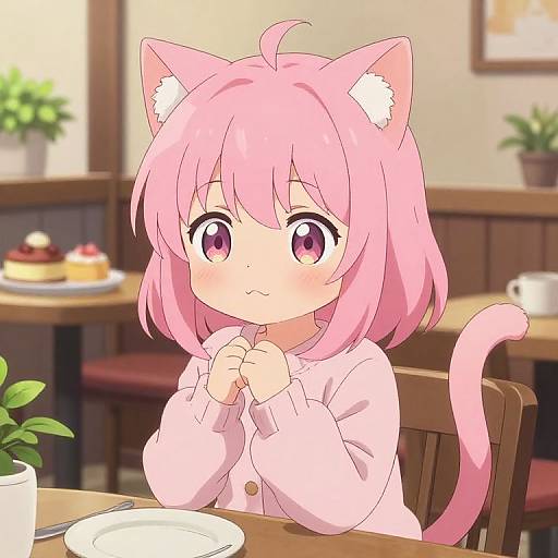 Anime-style digital drawing of a pink-haired, cat-eared girl with large pink eyes, wearing a pink cardigan, sitting at a café table with