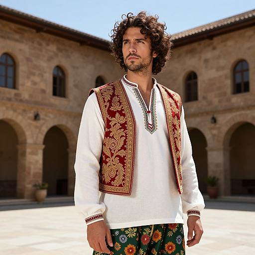 Photograph of a curly-haired, bearded man in traditional Turkish attire: white shirt, floral pants, red embroidered vest, standing in a sunlit