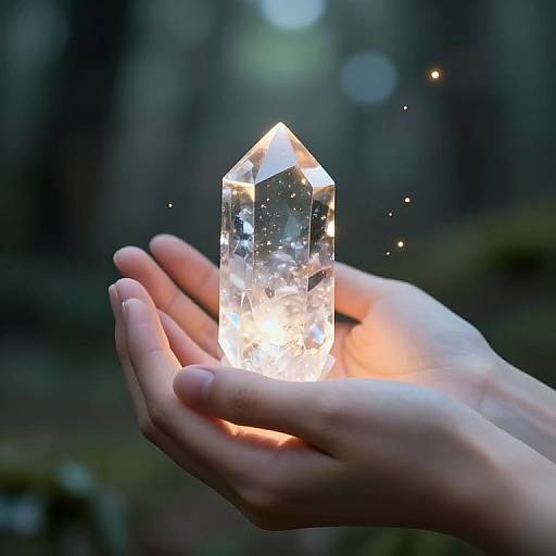 Photograph of a glowing, crystal-clear, faceted crystal held in a gently cupped, pale hand, surrounded by faint sparkles, set against