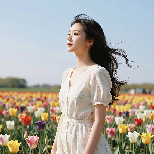 Photograph of an Asian woman with long black hair, wearing a white floral dress, standing in a vibrant tulip field under a clear blue sky.