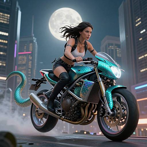 Digital art of a fierce, dark-haired woman with a snake tail, riding a neon blue motorcycle at night, under a full moon, in a futuristic