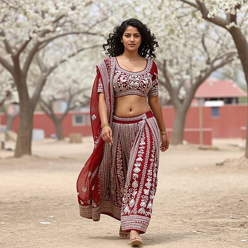 Photograph of a confident Indian woman with curly black hair, wearing a red and white patterned traditional outfit, walking on a dusty path with blossoming